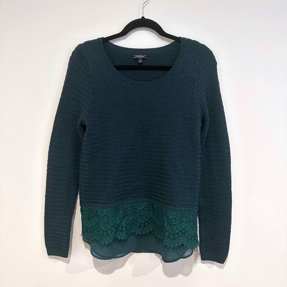 NWOT, Lucky Brand Forest Green Sweater Blouse, Chiffon & Lace Trim, Size Large